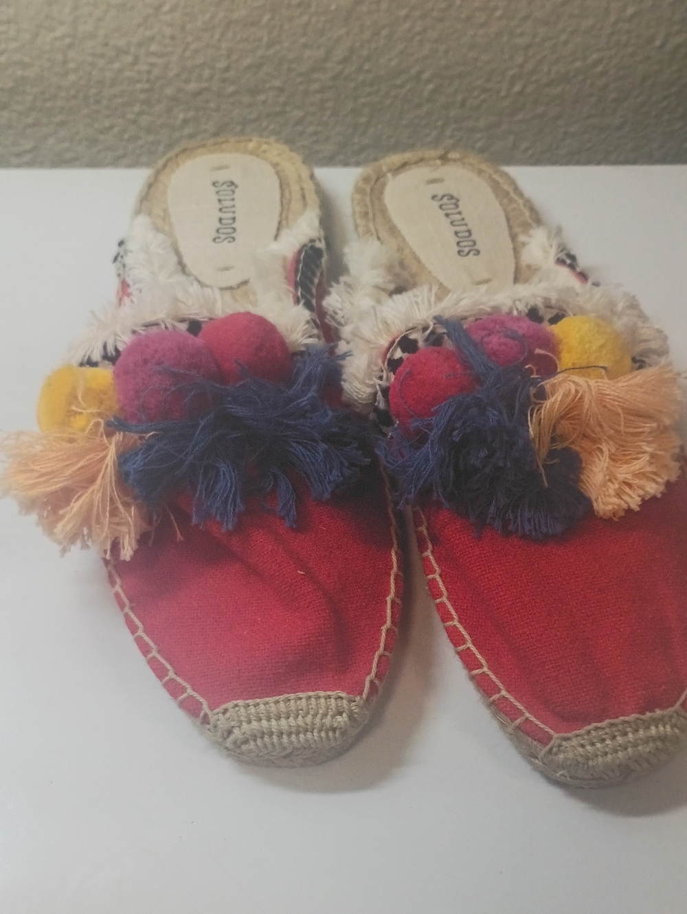 Soludos Red Espadrille Mules with Multicolor Pom-Pom Accents
